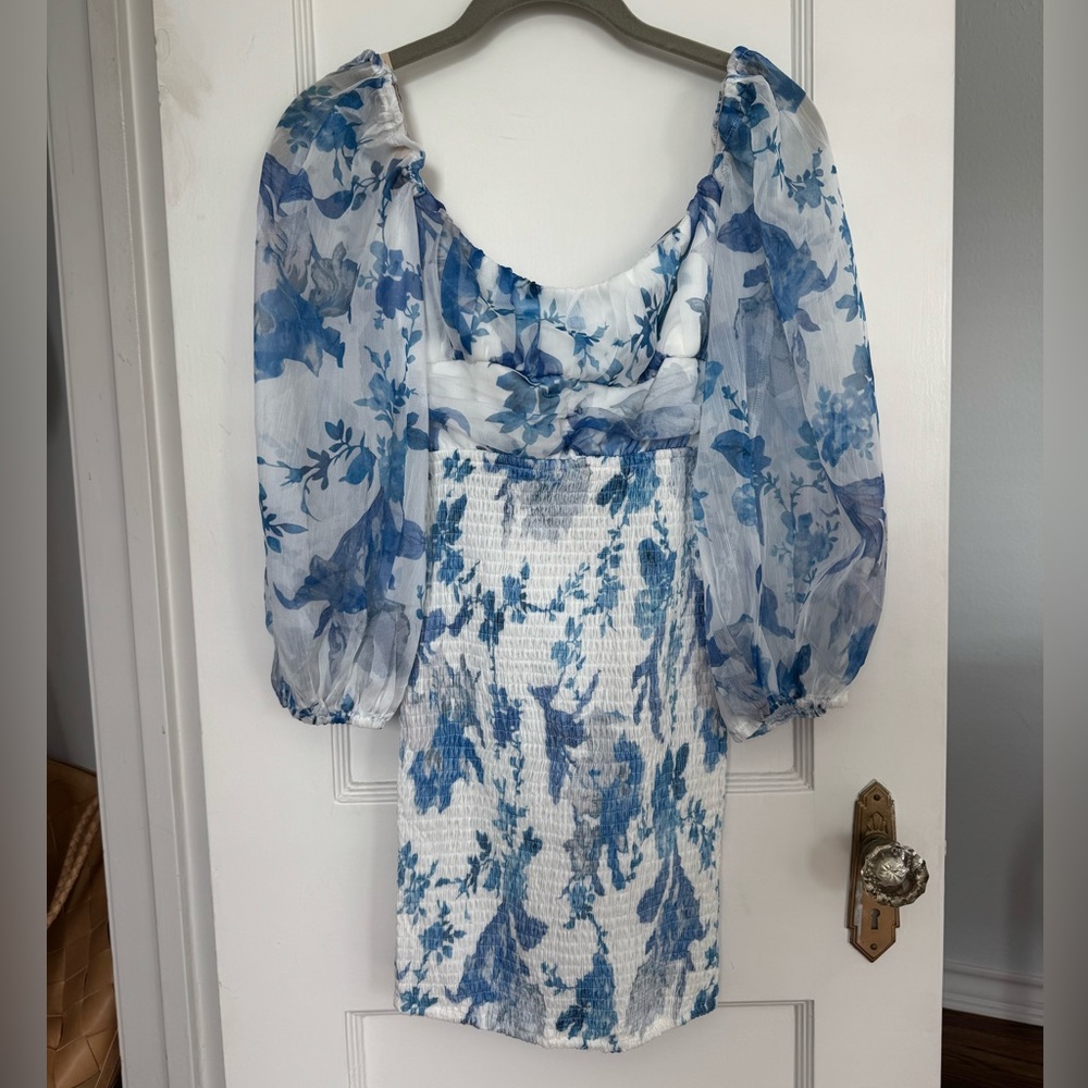 Floral Blue and White Dress with Sheer Sleeves